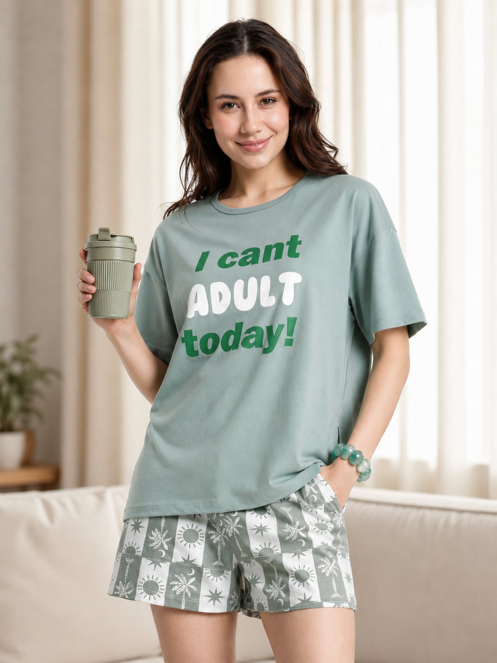 Green Typographic Regular Fit T-Shirt for Women - Image 1
