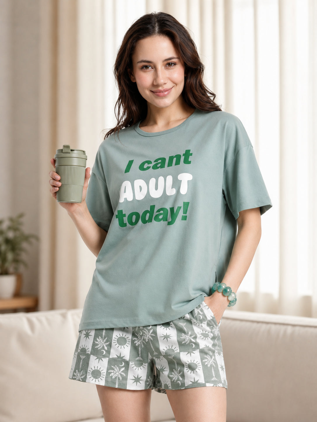 Green Typographic Regular Fit T-Shirt for Women - Image 1