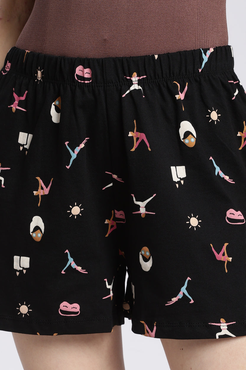 Black Yoga Theme  Relaxed Fit Shorts For Women - Image 3