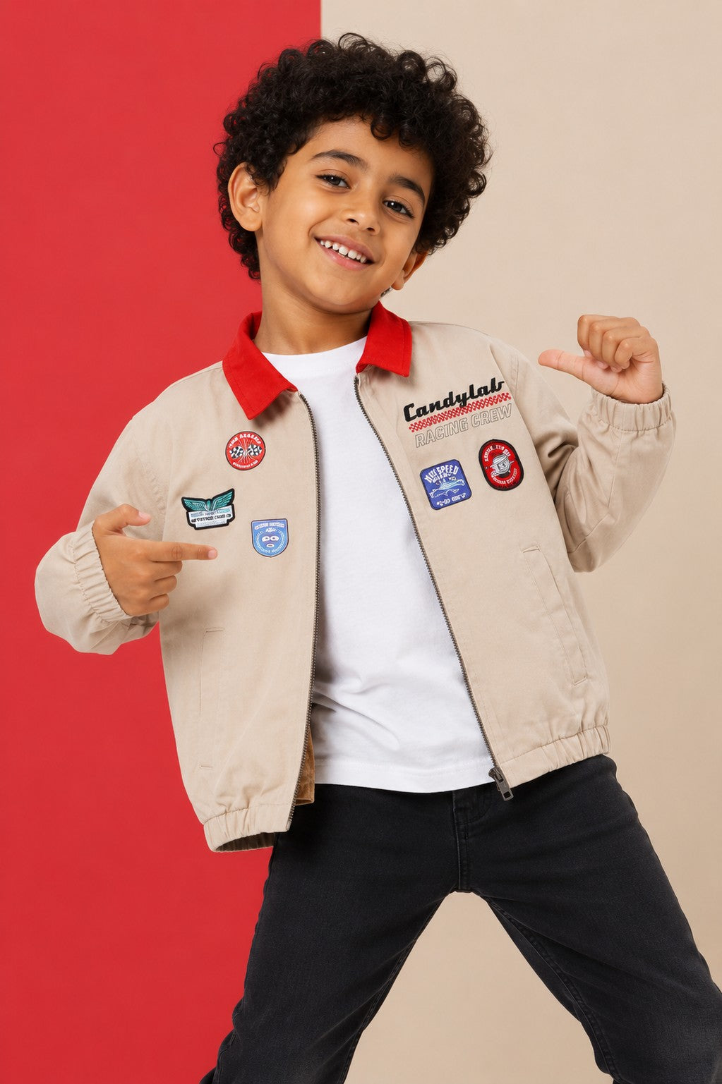Beige Placement Printed Regular Fit Jacket for Boys - Image 1