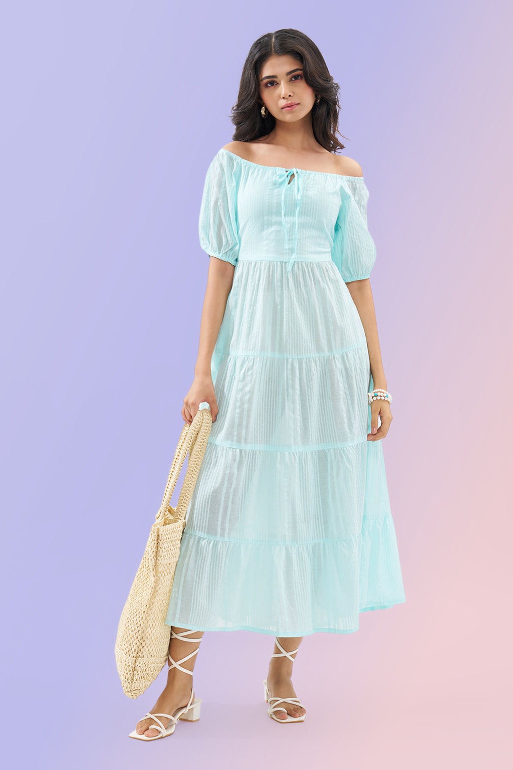 Light Blue Off-Shoulder Tiered Seersucker Dress for Women - Image 1