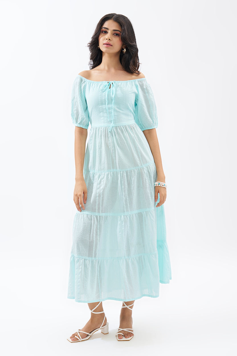 Light Blue Off-Shoulder Tiered Seersucker Dress for Women - Image 2