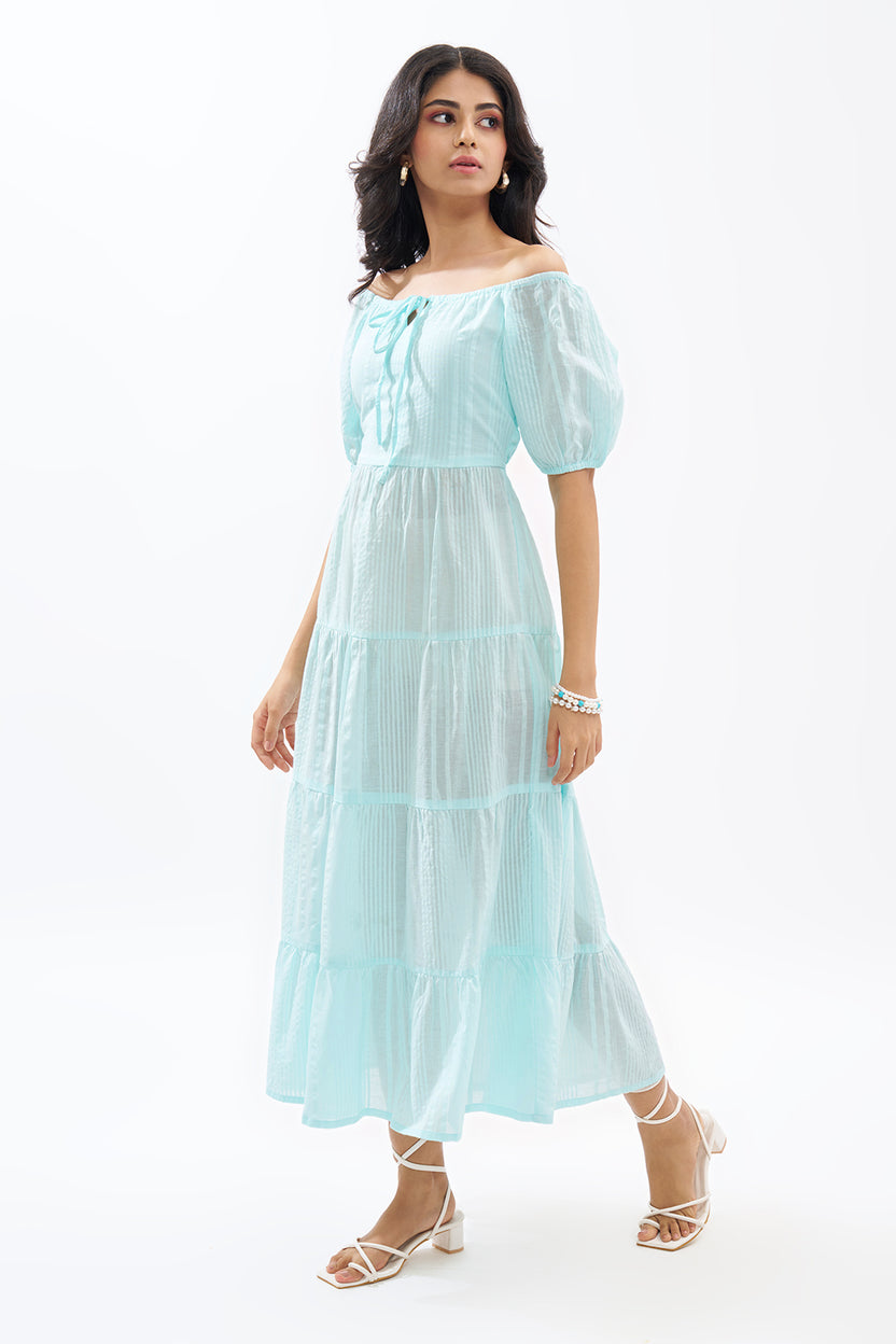 Light Blue Off-Shoulder Tiered Seersucker Dress for Women - Image 4