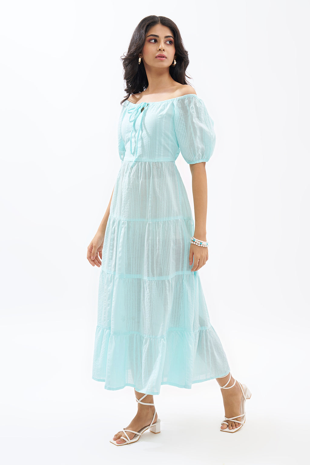 Light Blue Off-Shoulder Tiered Seersucker Dress for Women - Image 4