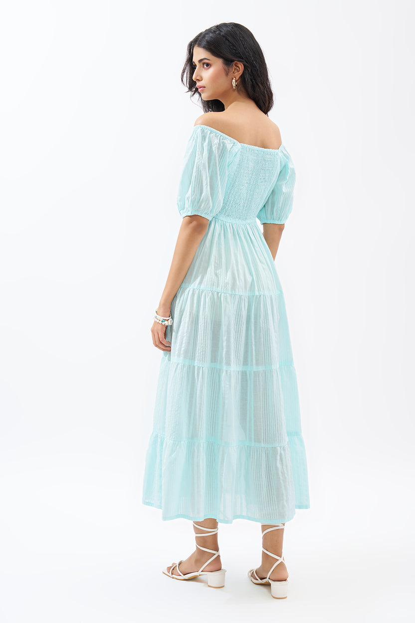 Light Blue Off-Shoulder Tiered Seersucker Dress for Women - Image 5