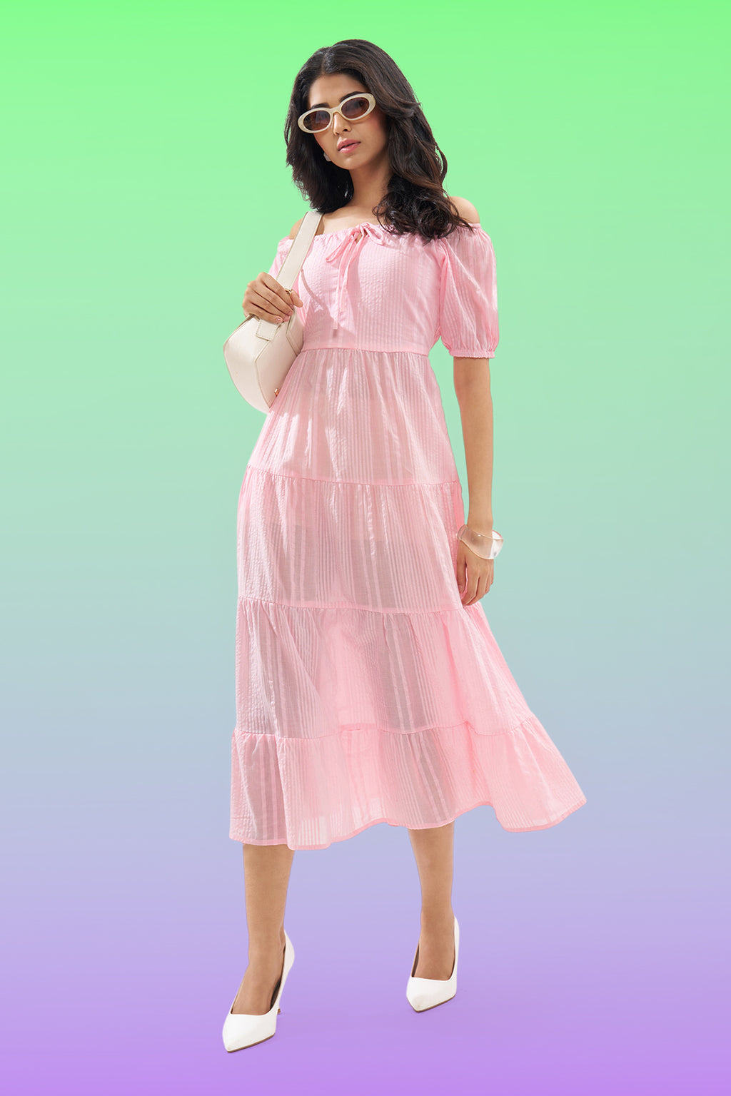 Pink Off-Shoulder Tiered Seersucker Dress for Women - Image 1