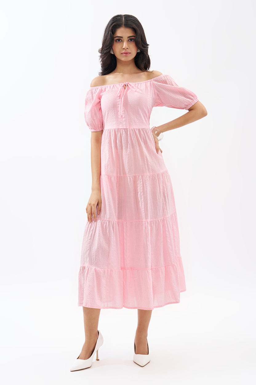 Pink Off-Shoulder Tiered Seersucker Dress for Women - Image 2