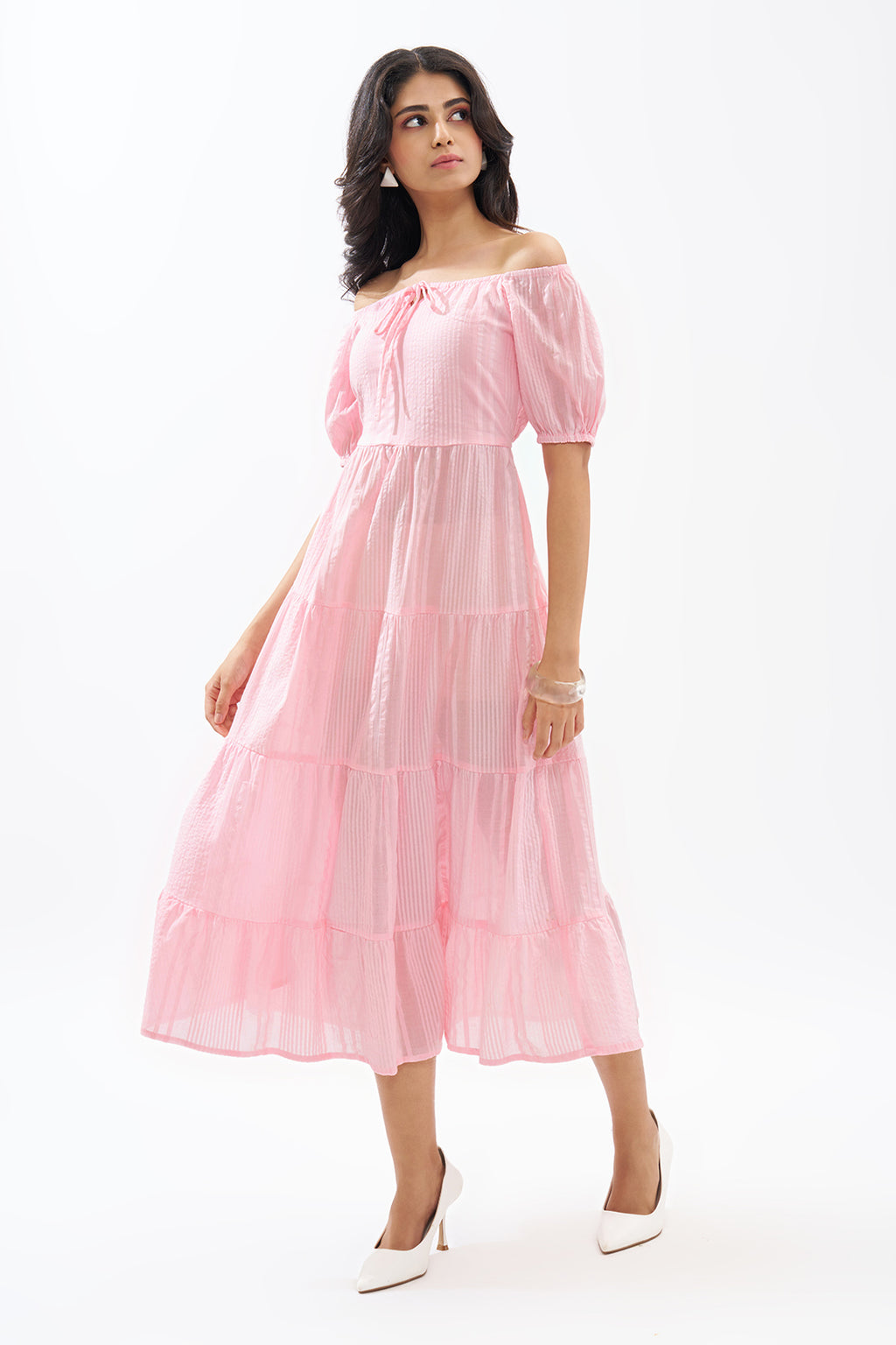 Pink Off-Shoulder Tiered Seersucker Dress for Women - Image 4