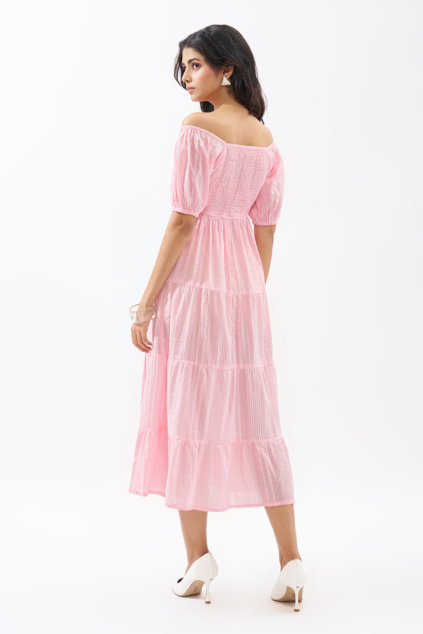 Pink Off-Shoulder Tiered Seersucker Dress for Women - Image 5
