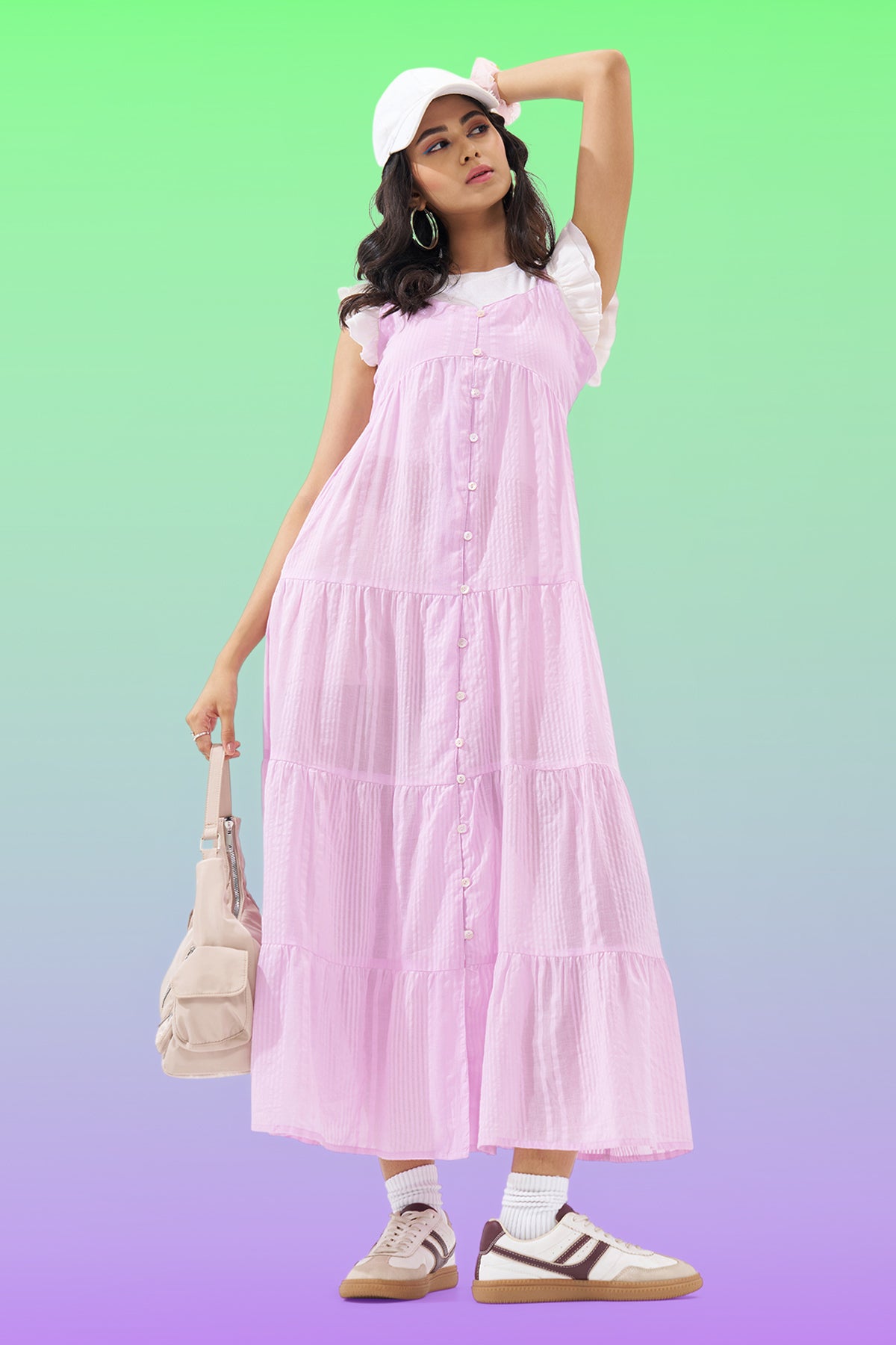 Lilac Sleeveless Seersucker Tiered Dress for Women - Image 1