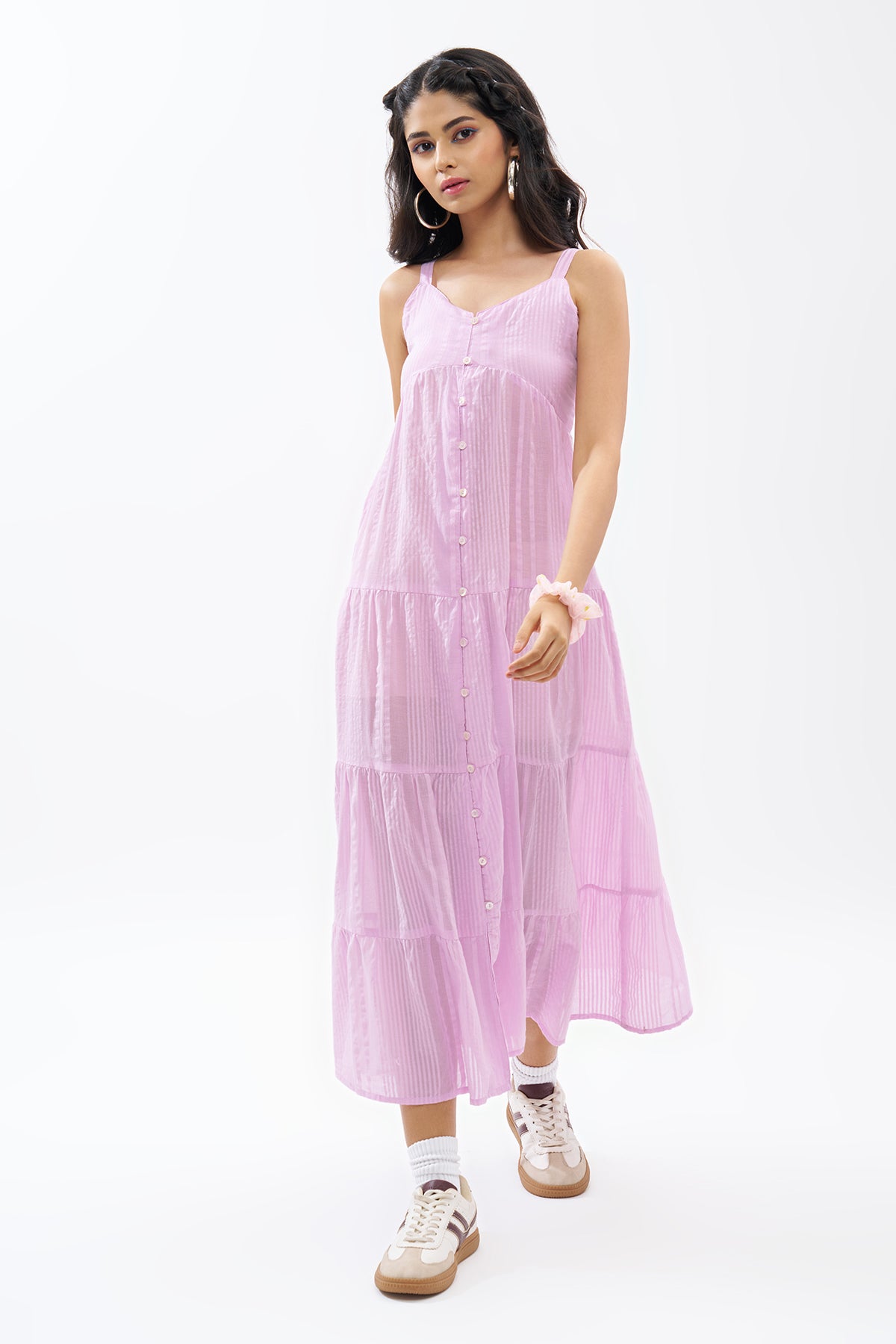 Lilac Sleeveless Seersucker Tiered Dress for Women - Image 2