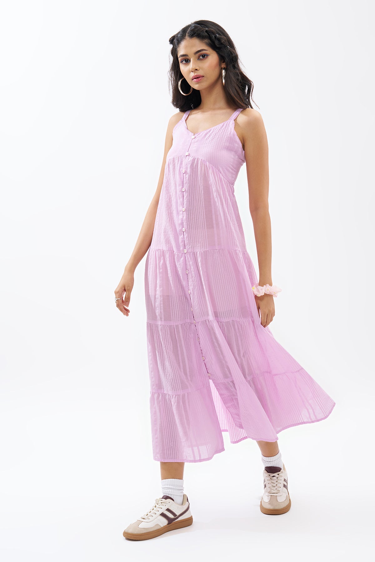 Lilac Sleeveless Seersucker Tiered Dress for Women - Image 4