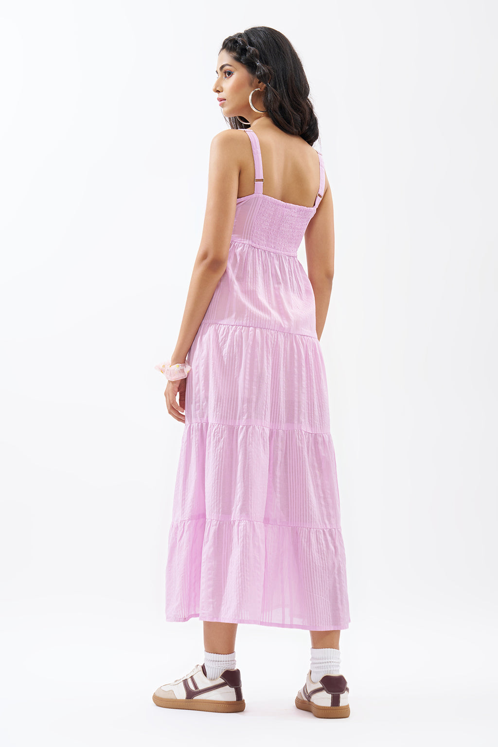 Lilac Sleeveless Seersucker Tiered Dress for Women - Image 5