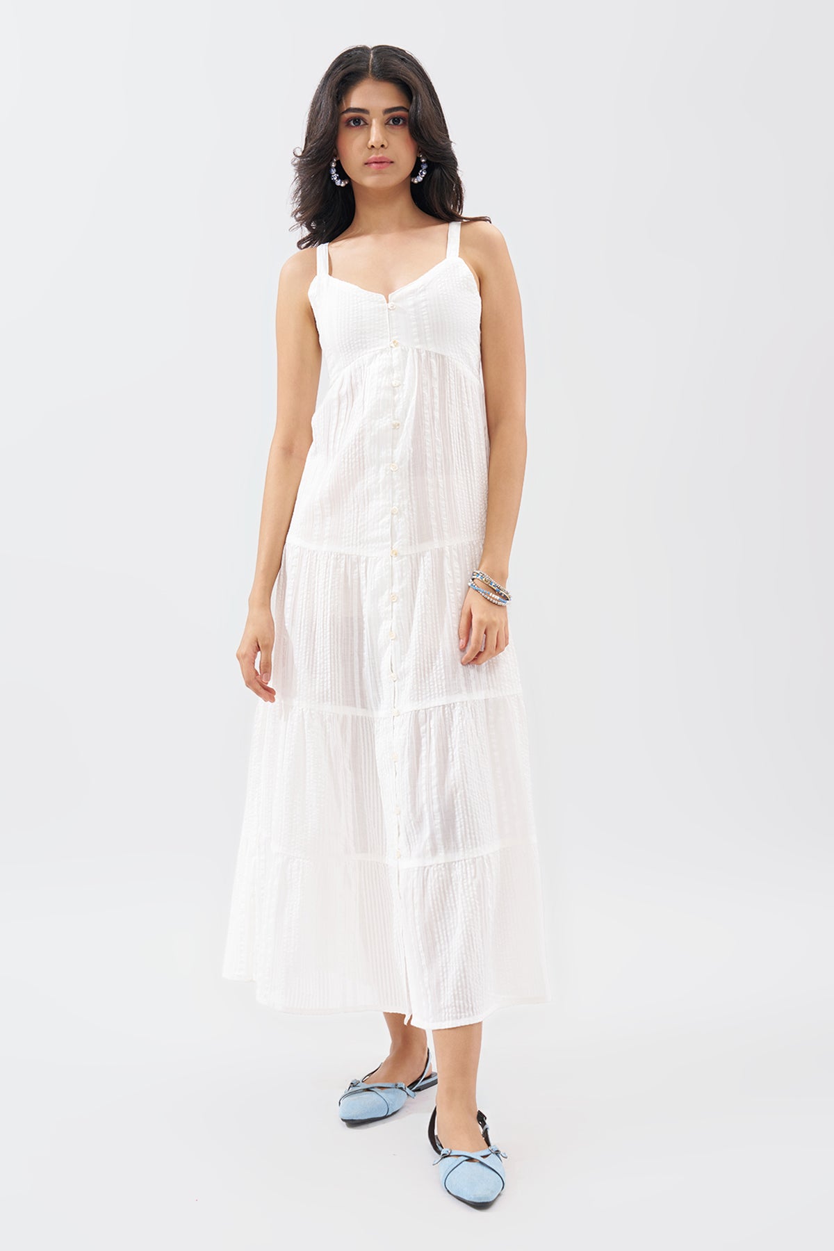 White Sleeveless Seersucker Tiered Dress for Women - Image 2