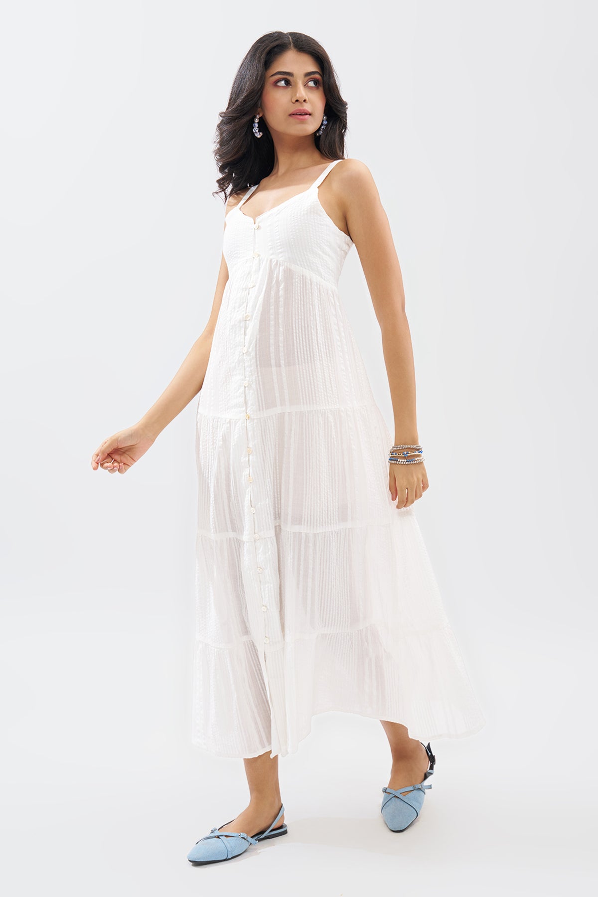 White Sleeveless Seersucker Tiered Dress for Women - Image 4