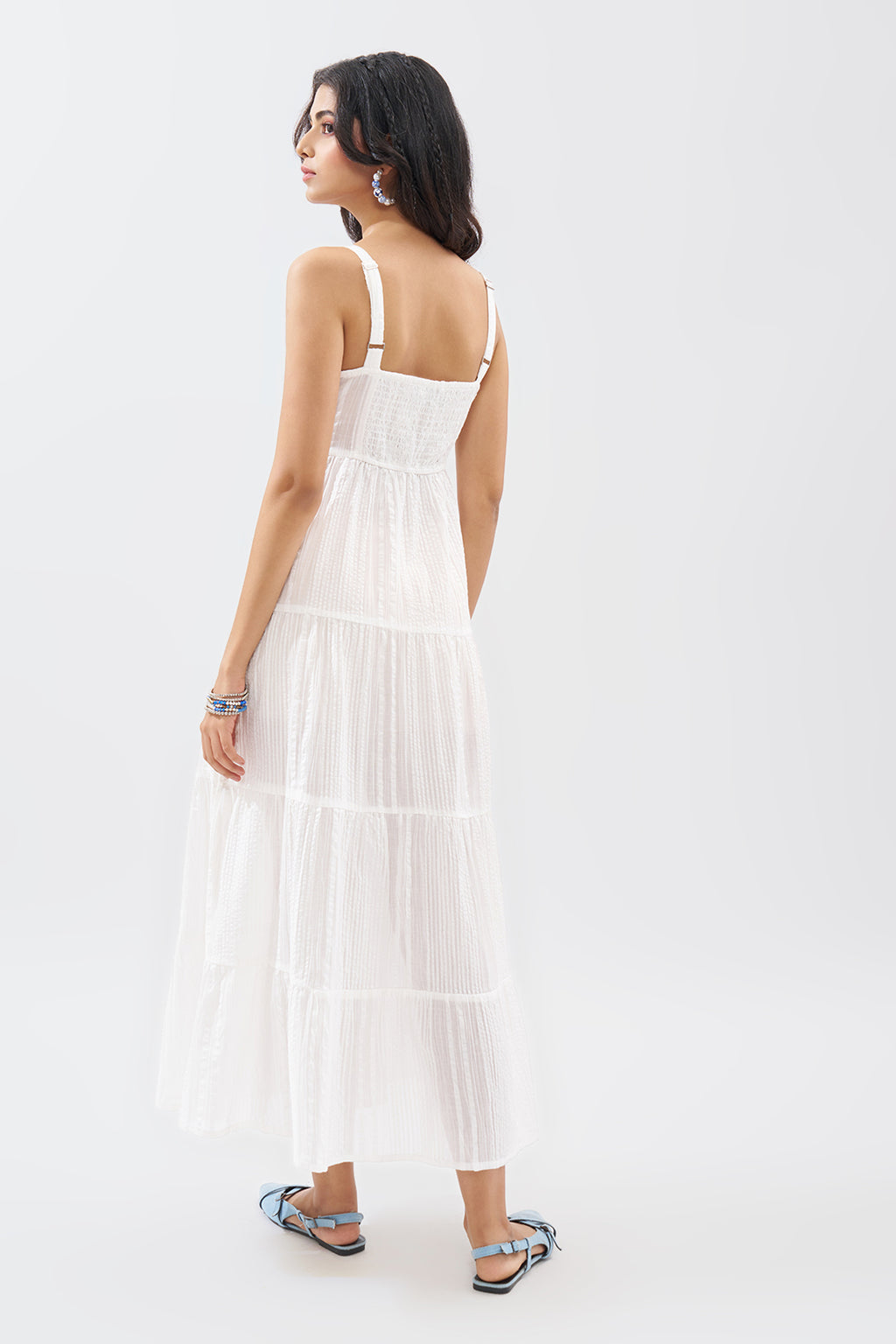 White Sleeveless Seersucker Tiered Dress for Women - Image 5