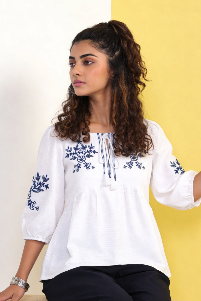 Blue Regular Fit Embroidered Top For Women - Image 1