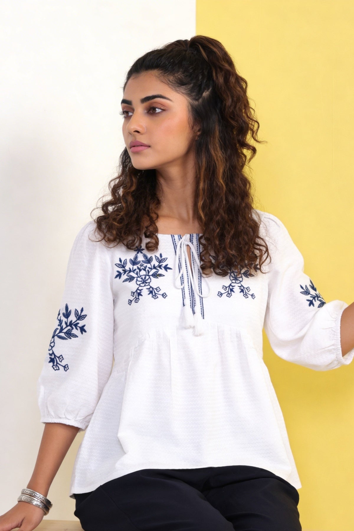 Blue Regular Fit Embroidered Top for Women - Image 1