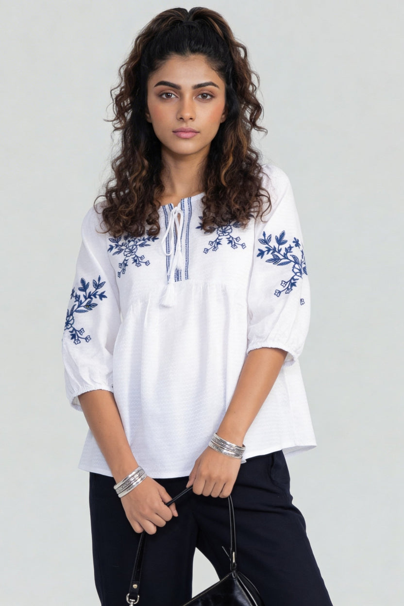 Blue Regular Fit Embroidered Top For Women - Image 2