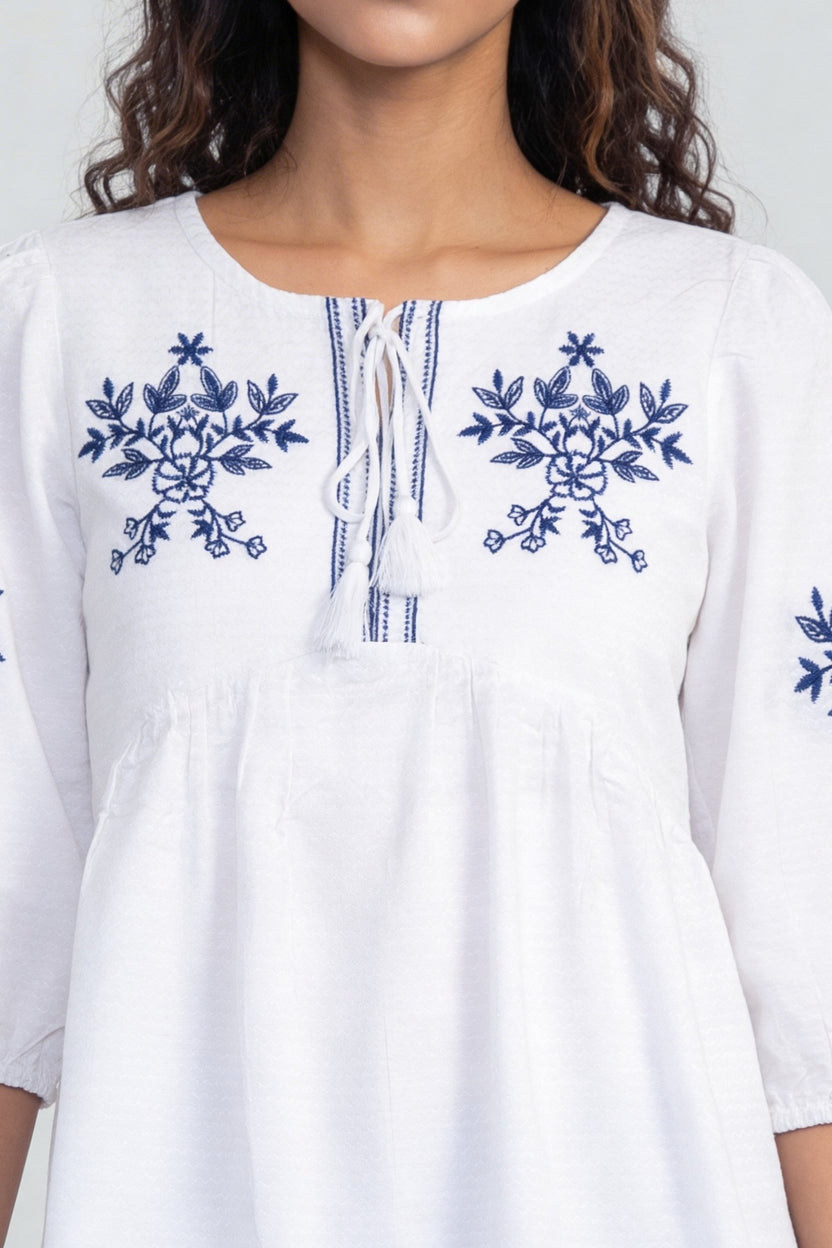 Blue Regular Fit Embroidered Top For Women - Image 3