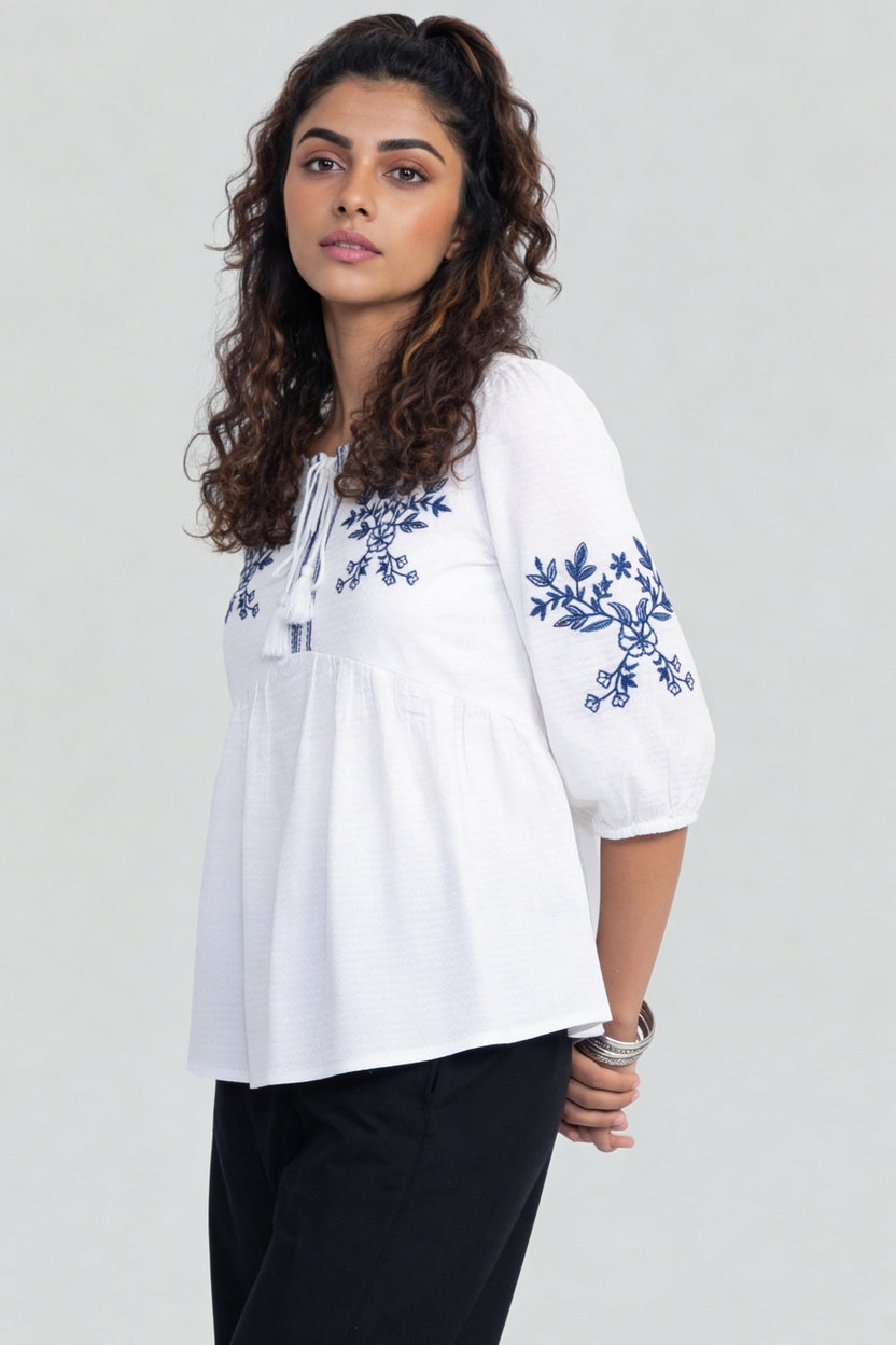 Blue Regular Fit Embroidered Top For Women - Image 4