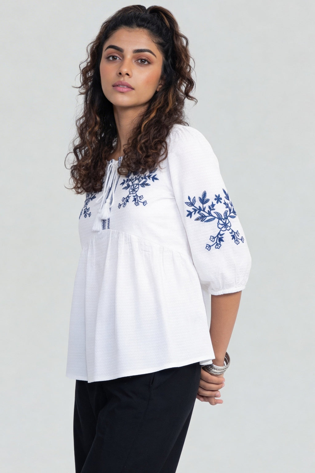 Blue Regular Fit Embroidered Top for Women - Image 4