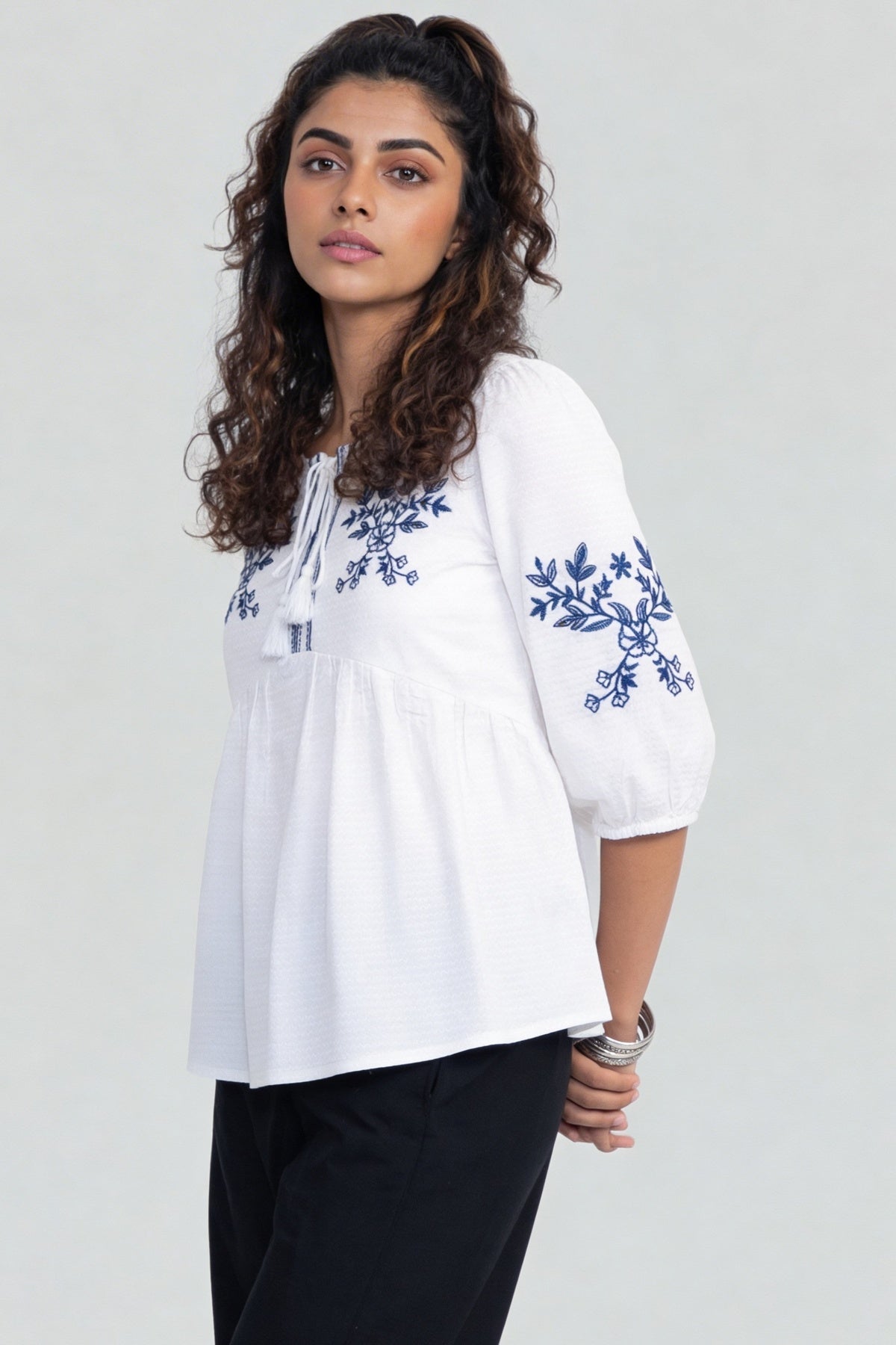 Blue Regular Fit Embroidered Top for Women - Image 4