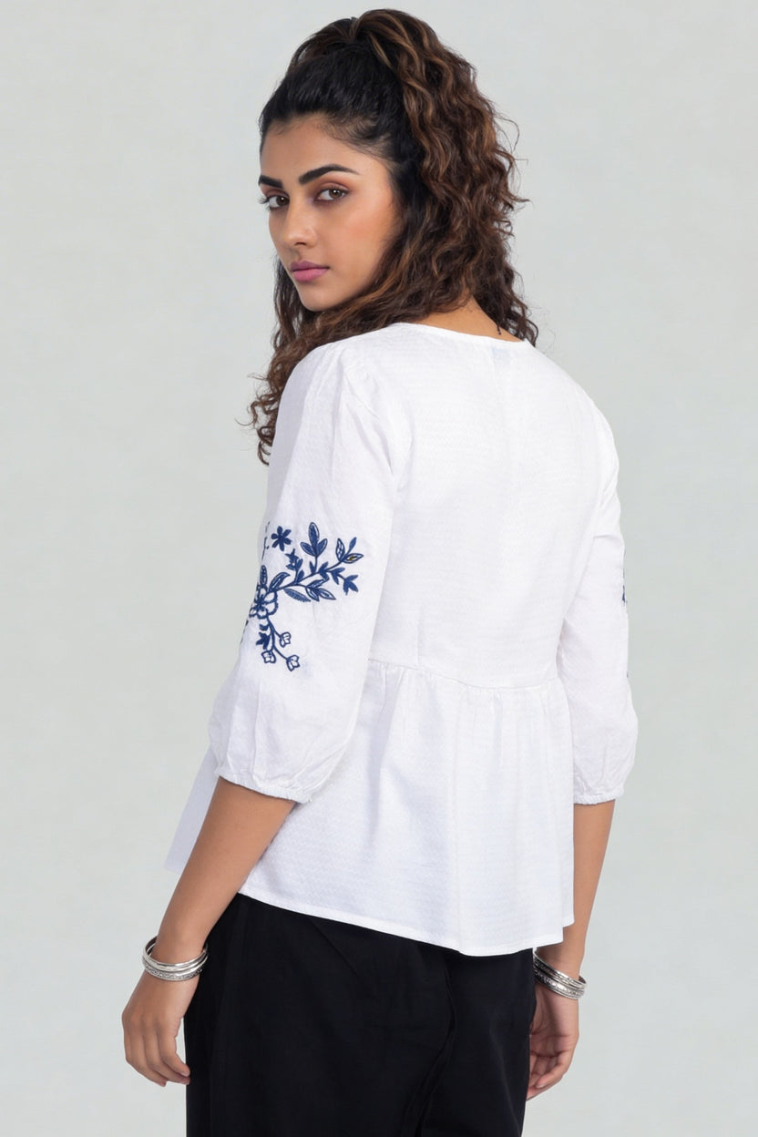 Blue Regular Fit Embroidered Top For Women - Image 5