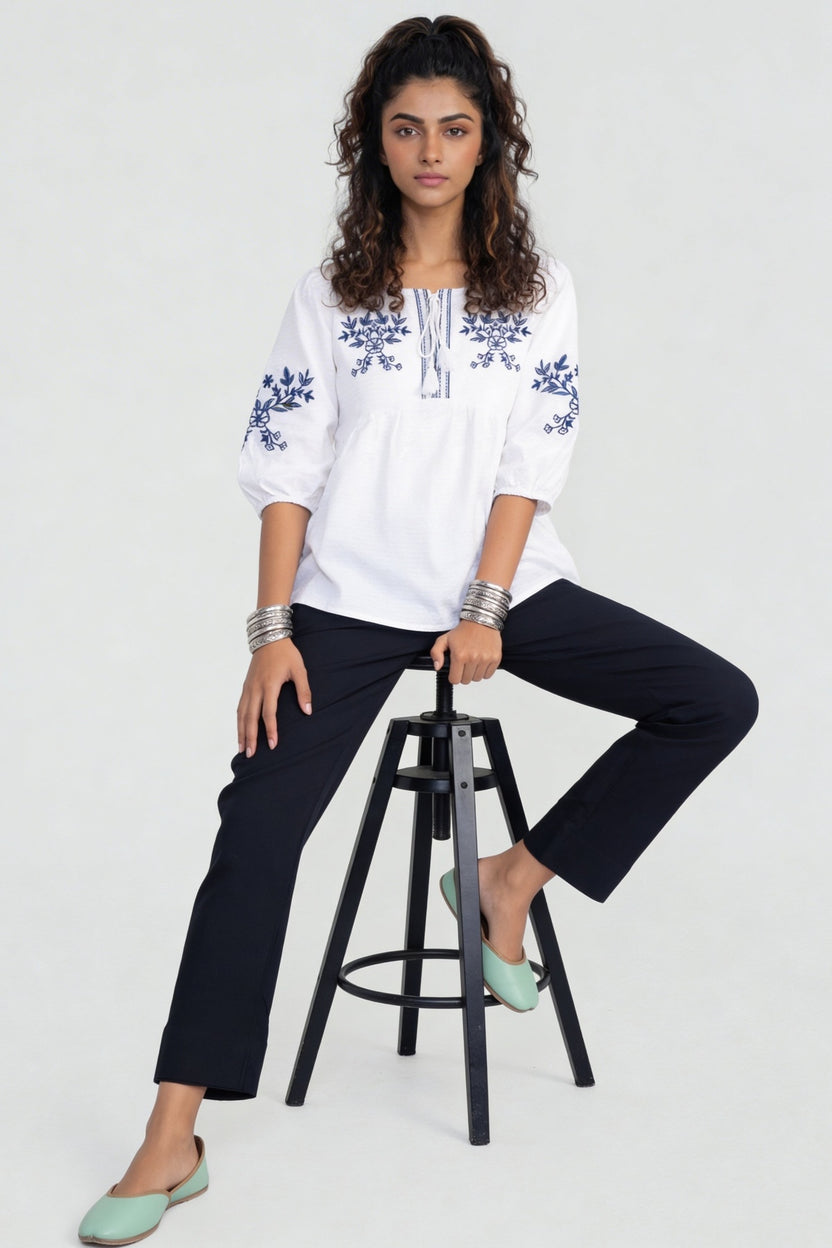 Blue Regular Fit Embroidered Top For Women - Image 6