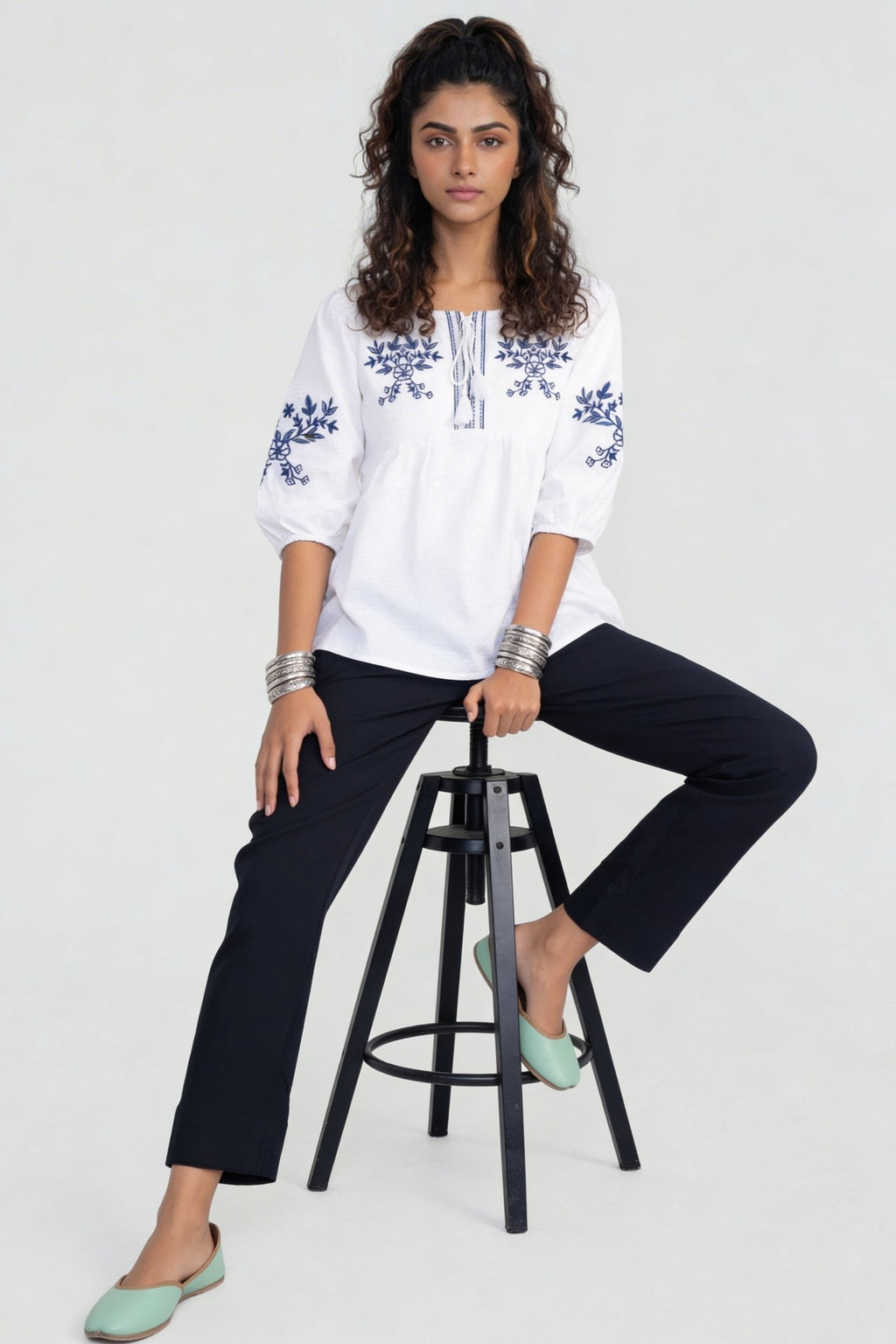 Blue Regular Fit Embroidered Top for Women - Image 6