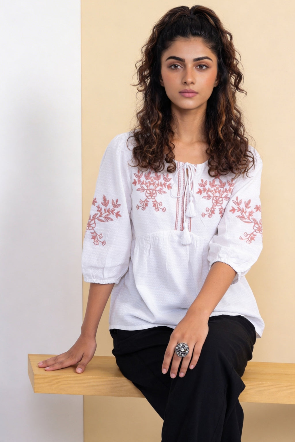 Pink Floral Embroidered Regular Fit Top For Women - Image 1