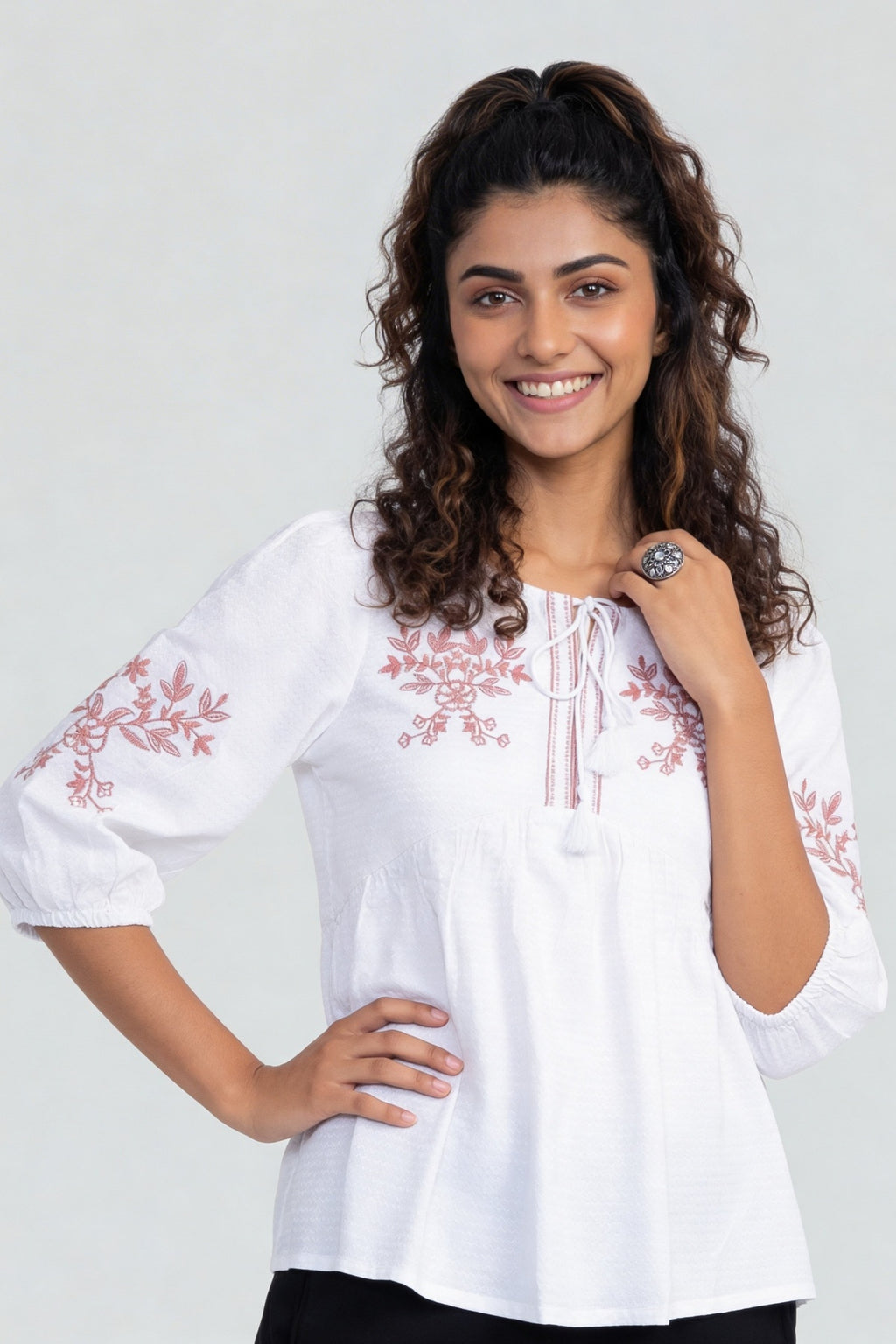 Pink Floral Embroidered Regular Fit Top For Women - Image 2