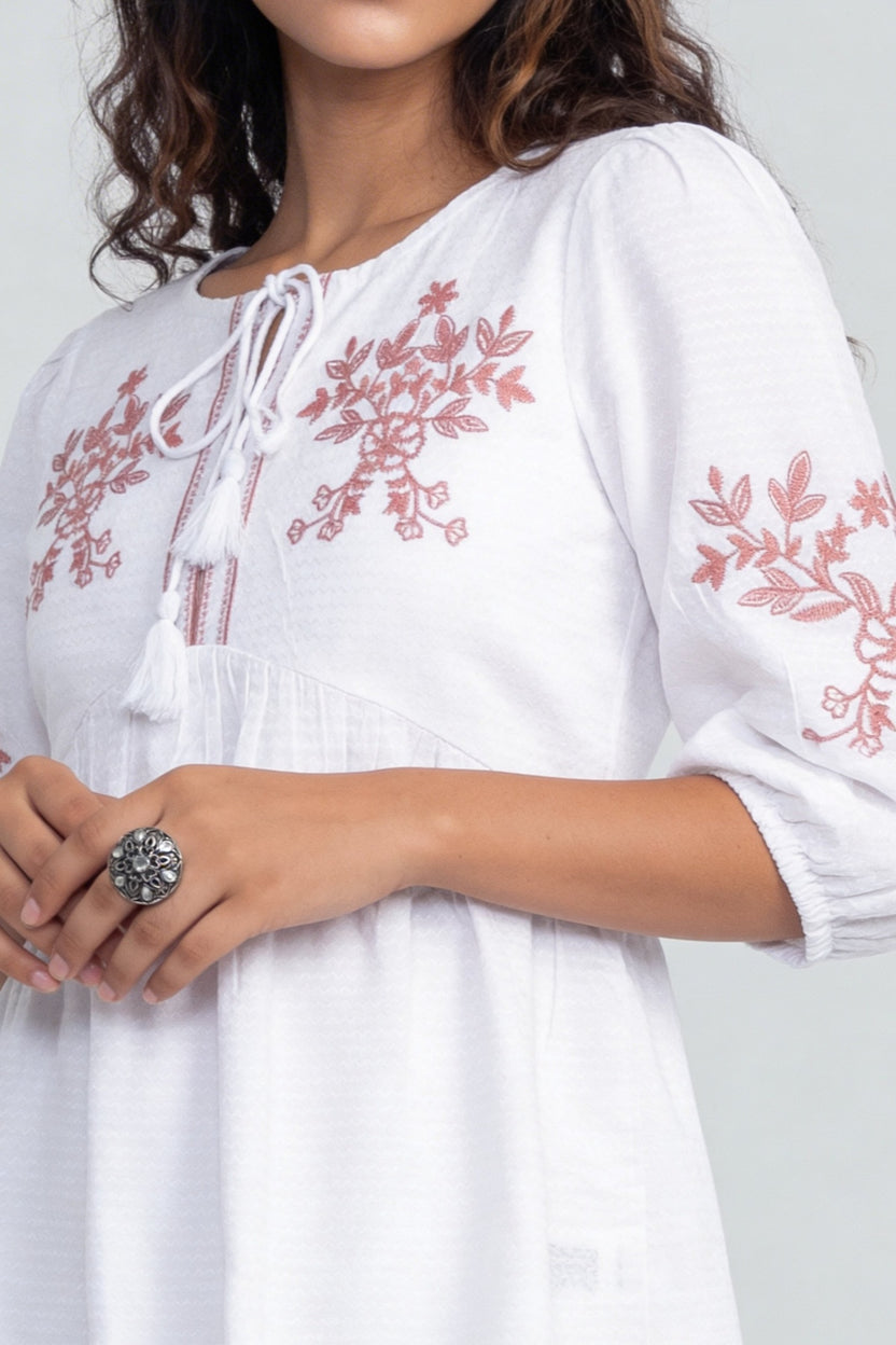 Pink Floral Embroidered Regular Fit Top For Women - Image 3