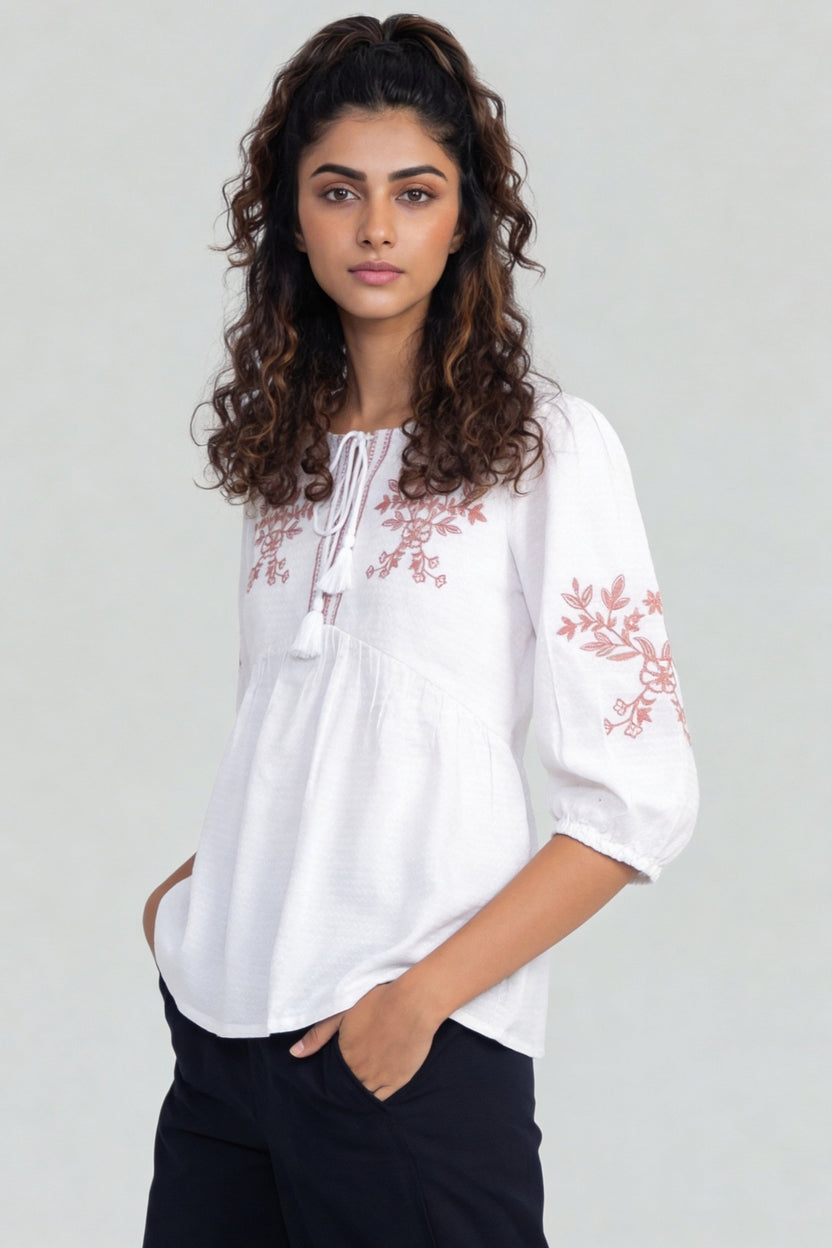Pink Floral Embroidered Regular Fit Top For Women - Image 4