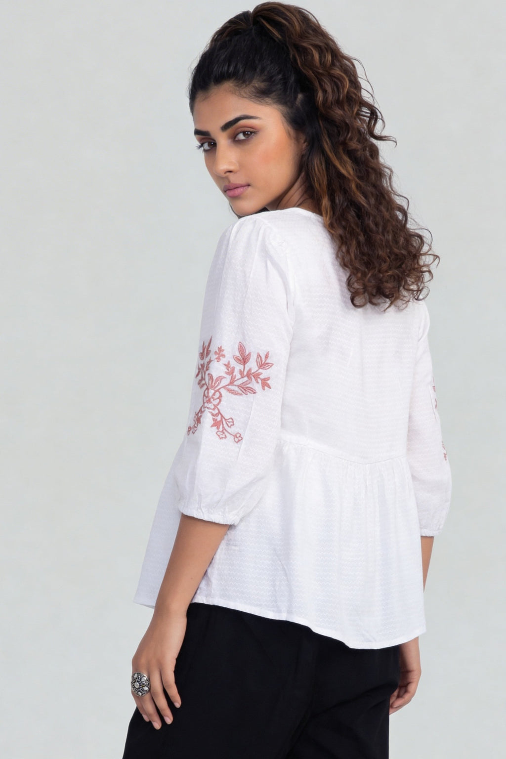 Pink Floral Embroidered Regular Fit Top For Women - Image 5