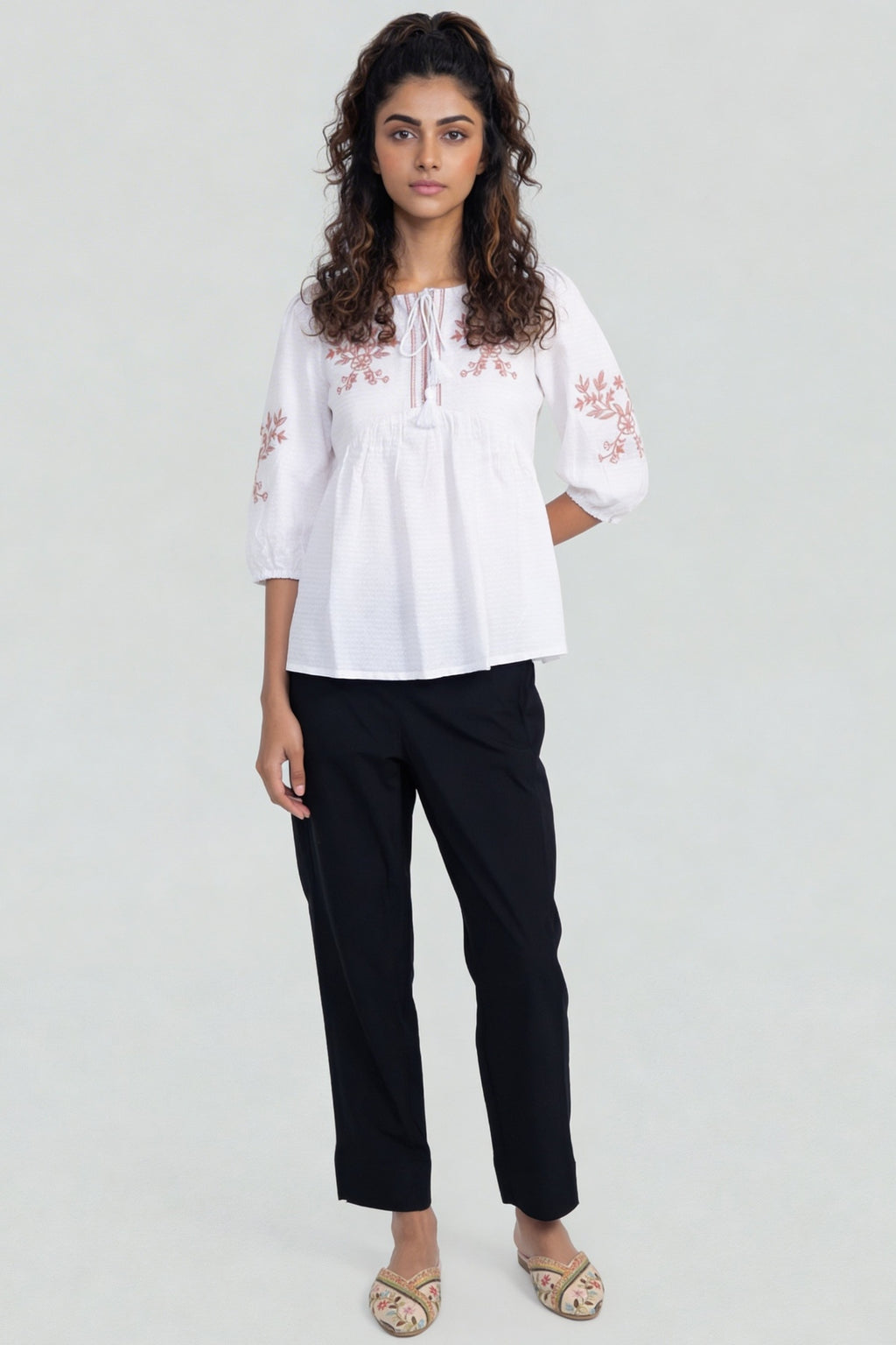 Pink Floral Embroidered Regular Fit Top For Women - Image 6