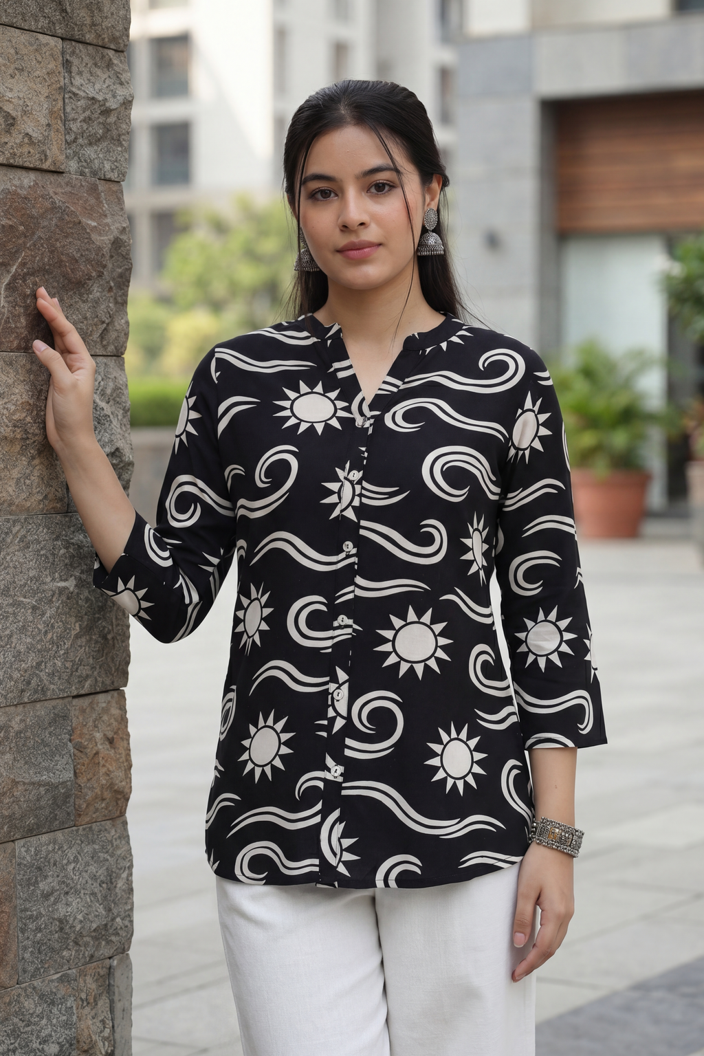 Black Conversational Regular Fit Tunic for Women - Image 1