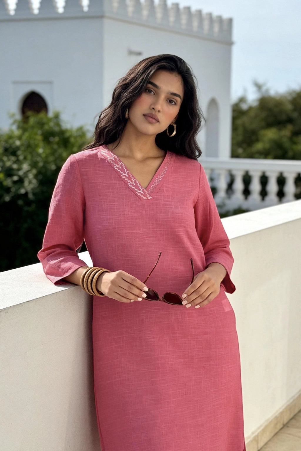 Pink Embroidered V-Neck Kurta for Women - Image 1