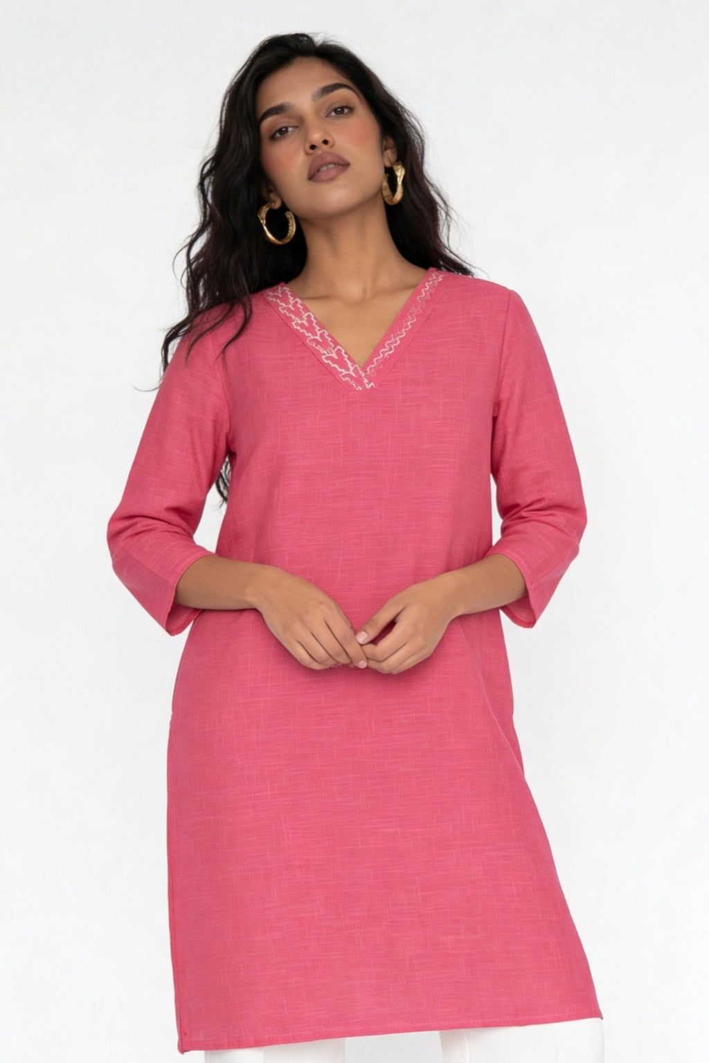 Pink Embroidered V-Neck Kurta for Women - Image 2