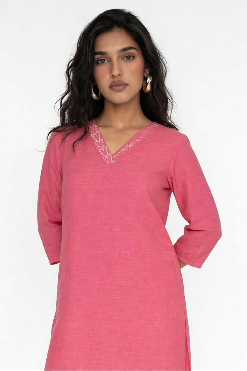 Pink Embroidered V-Neck Kurta for Women - Image 4