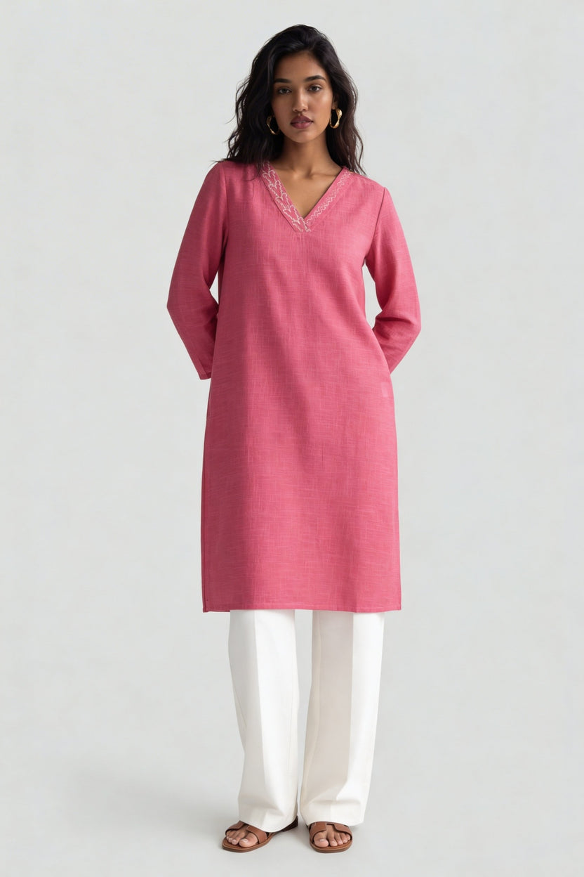 Pink Embroidered V-Neck Kurta for Women - Image 6