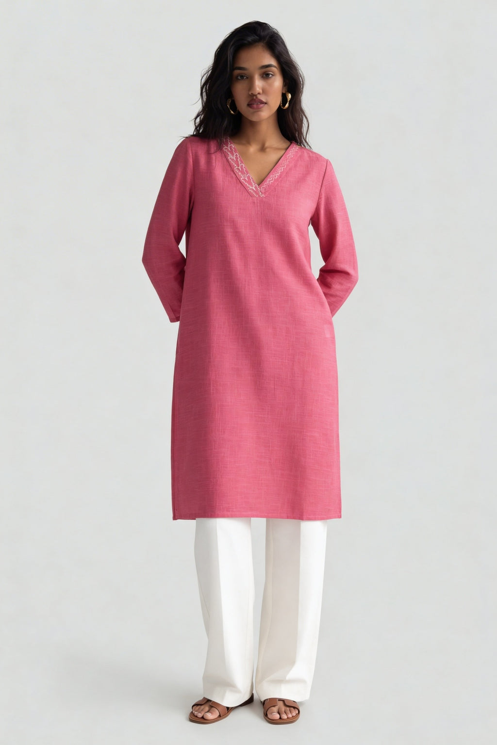 Pink Embroidered V-Neck Kurta for Women - Image 6