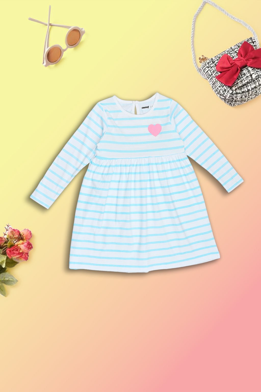 White Striped Regular Fit Dress for Girls - Image 1