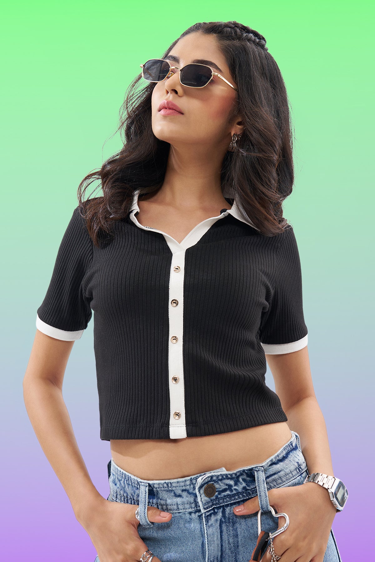 Black Textured Polo Top for Women - Image 1