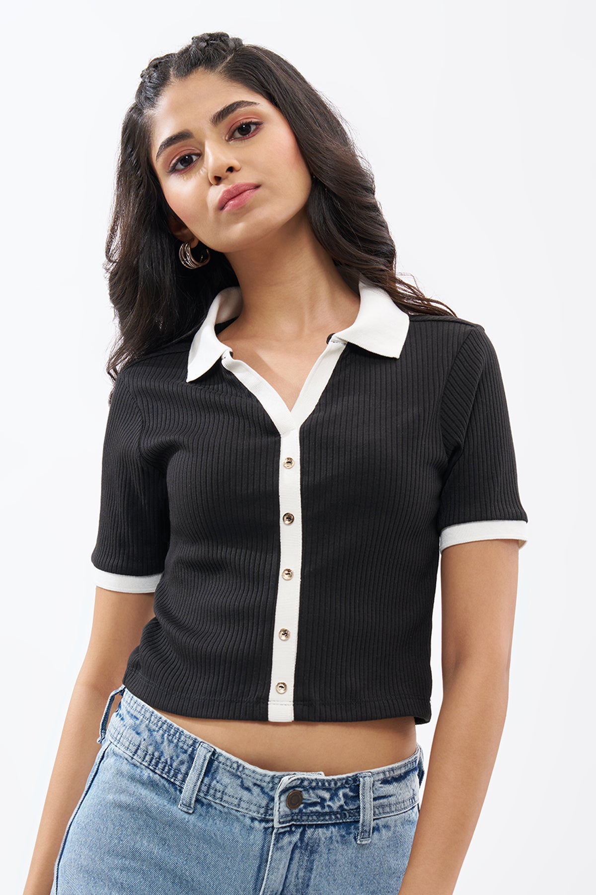 Black Textured Polo Top for Women - Image 2