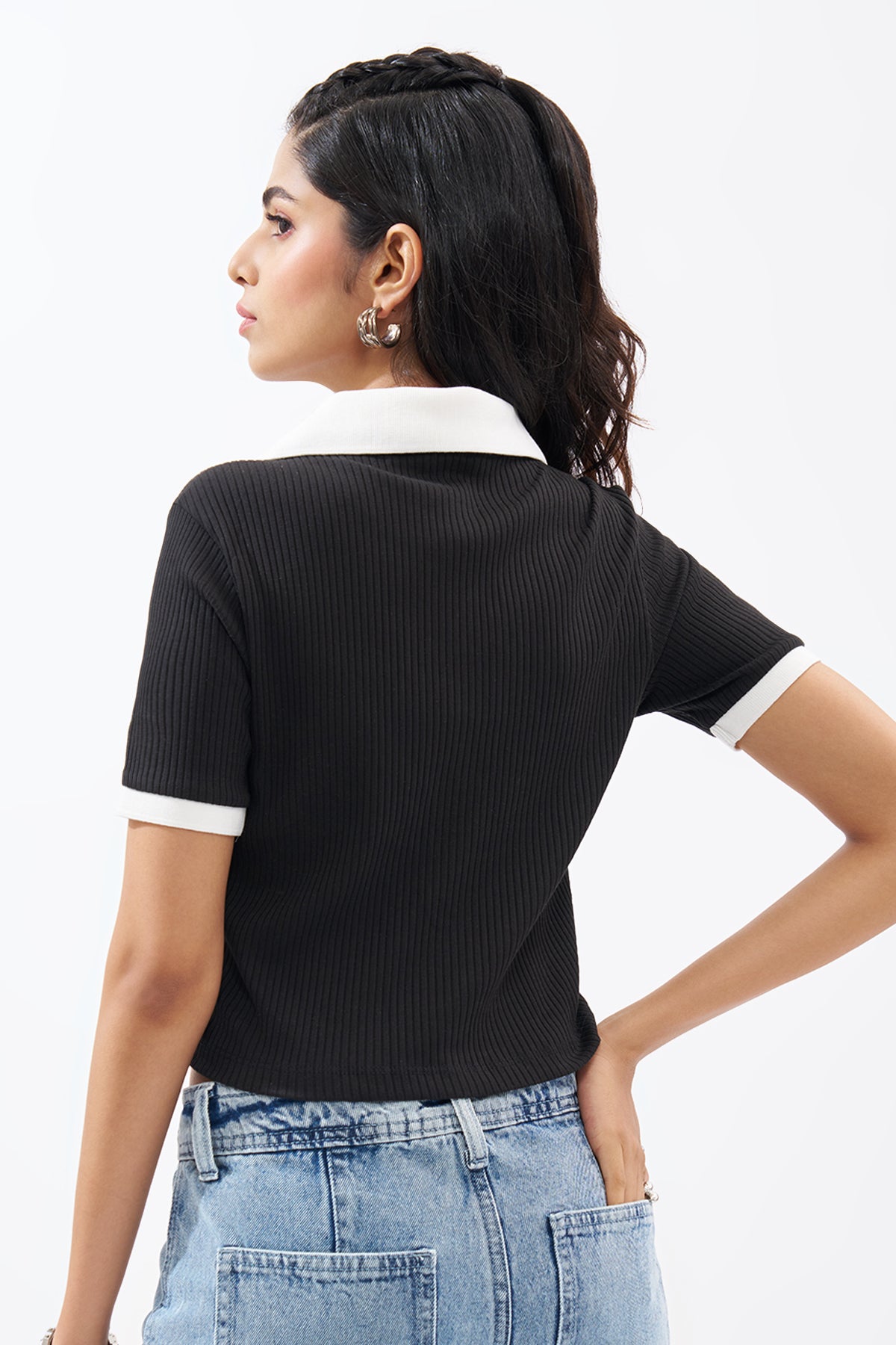 Black Textured Polo Top for Women - Image 5