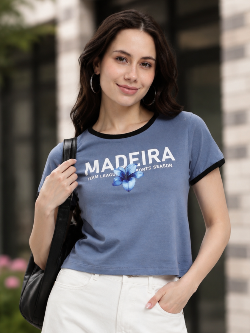 Blue Typographic Regular Fit T-Shirt For Women - Image 1