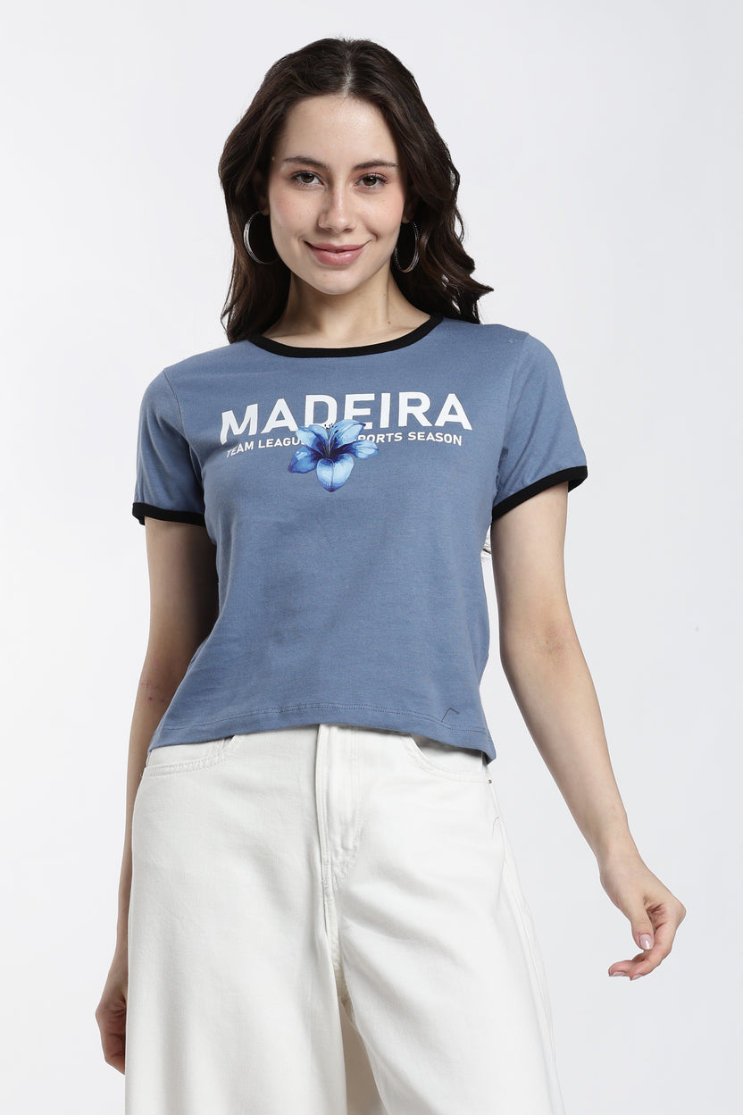Blue Typographic Regular Fit T-Shirt For Women - Image 2