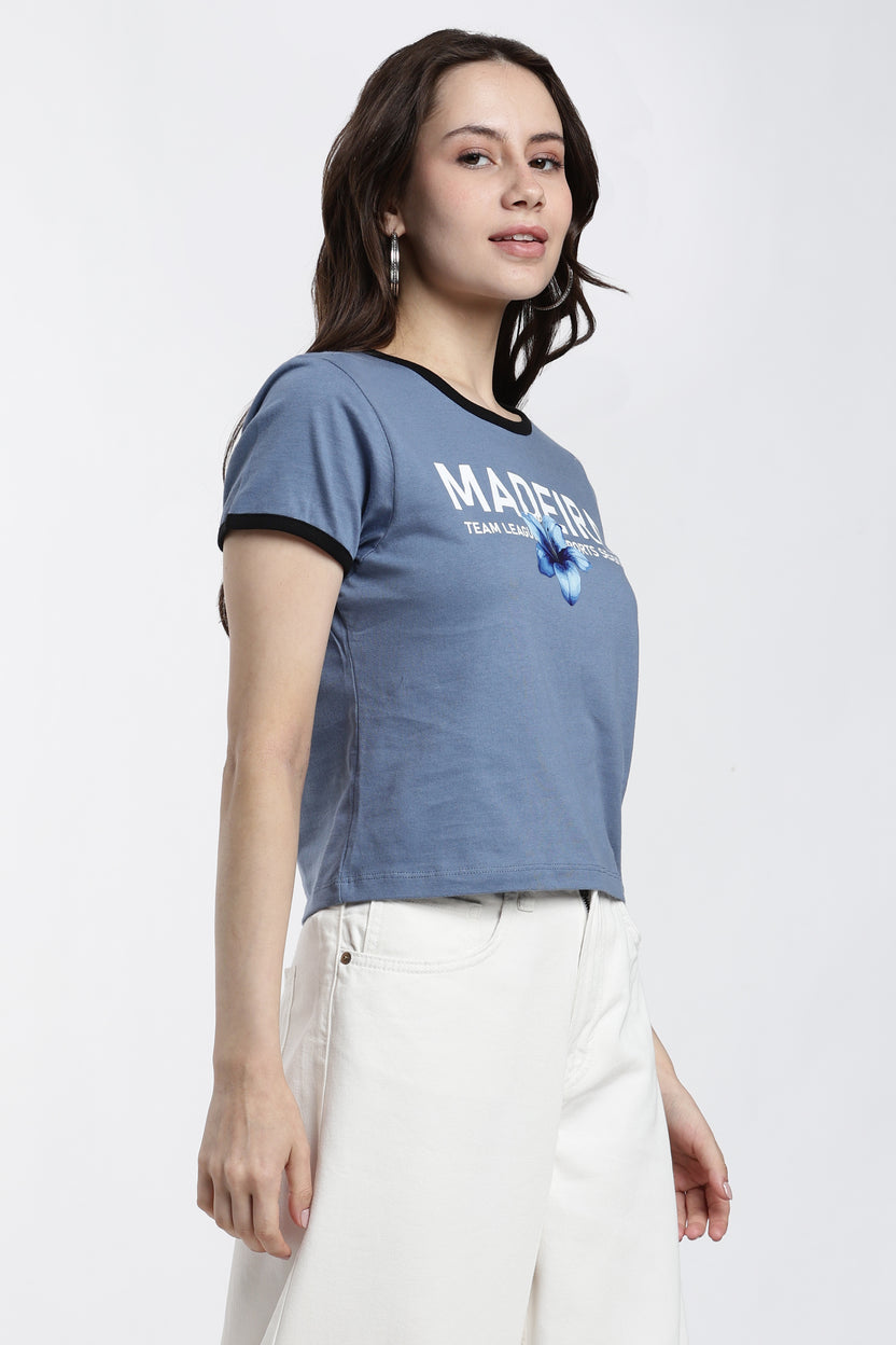 Blue Typographic Regular Fit T-Shirt For Women - Image 4