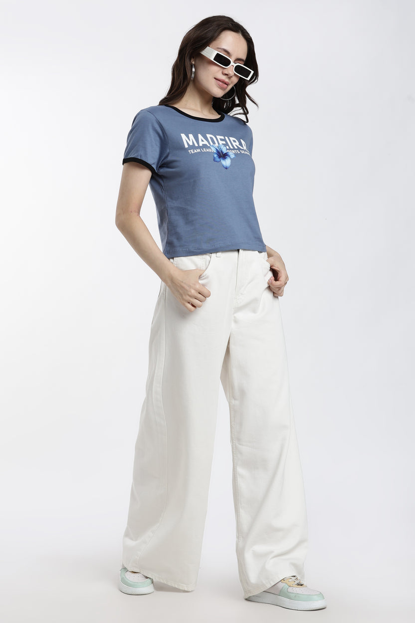 Blue Typographic Regular Fit T-Shirt For Women - Image 6